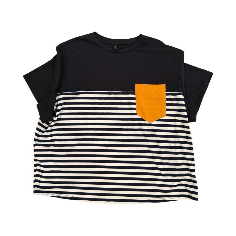 SHEIN Women's 0XL Navy White Stripe T-shirt Yellow Pocket Crew Neck Short Sleeve